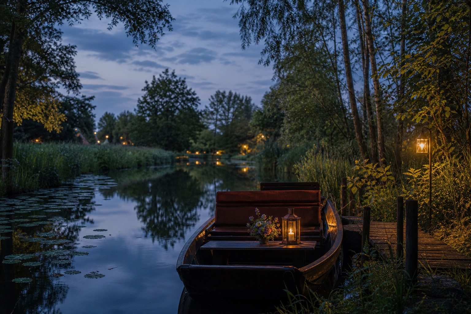 Individuelle Kahnfahrt mit Kahn am Anleger in der Abenddämmerung